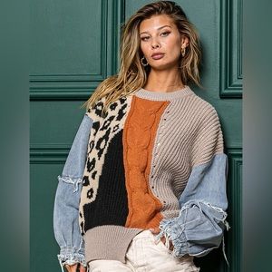 #22 Denim Sleeve Two Tone Animal Print Sweater